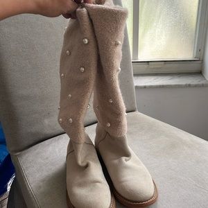 2014 Chanel Wool Knee high pearl boots